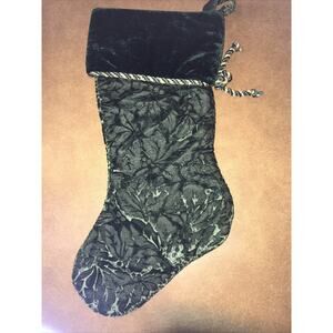 Green Christmas Stocking with Floral Embossing Gold Green Braid 16" Long Holiday